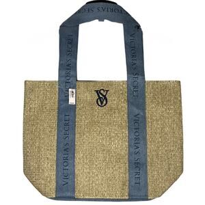 Victorias Secret Straw Tote Bag Denim Handles Logo Beach Bag
